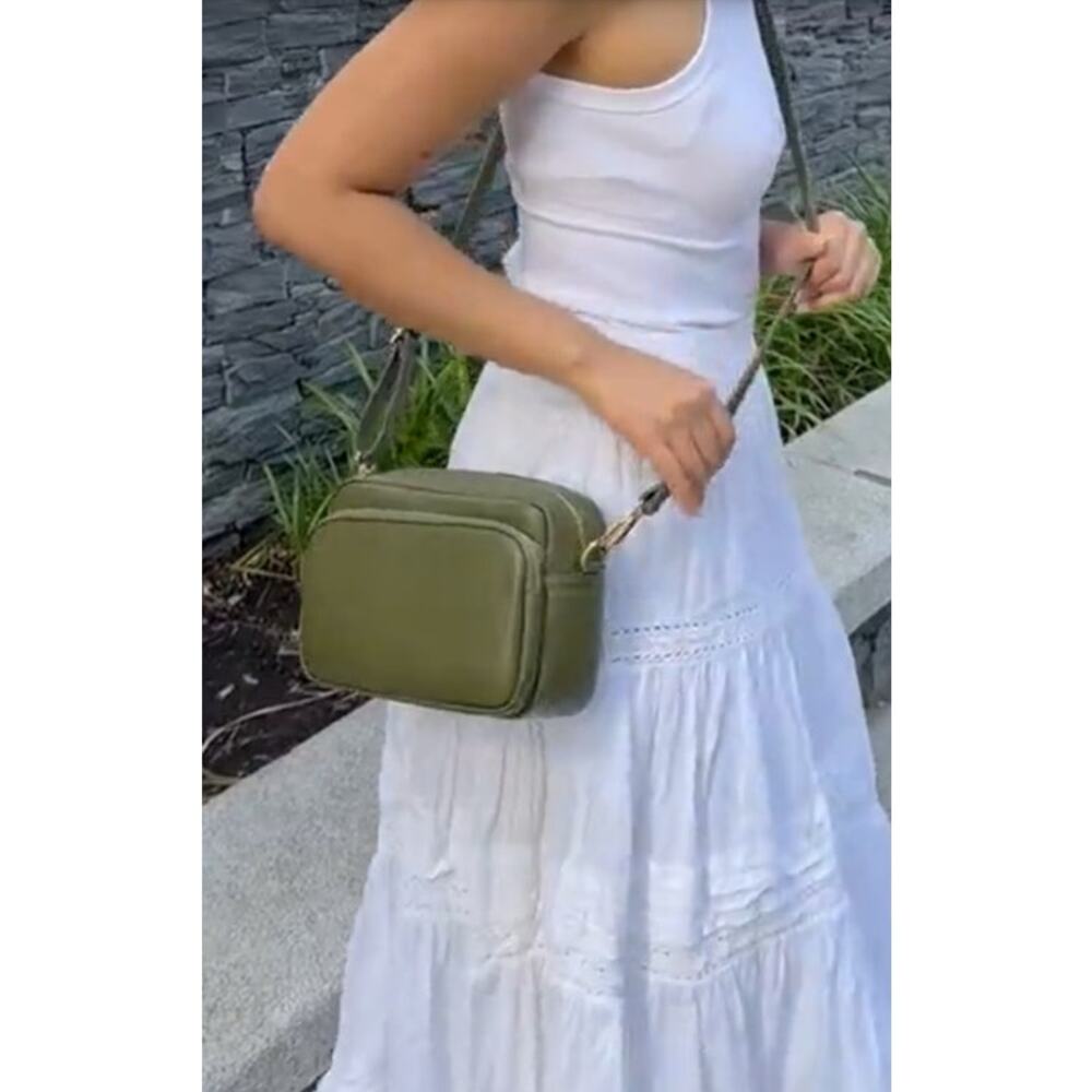 ISADORO Genuine Pebbled Italian Leather Olive Green Double Zipper Crossbody Bag